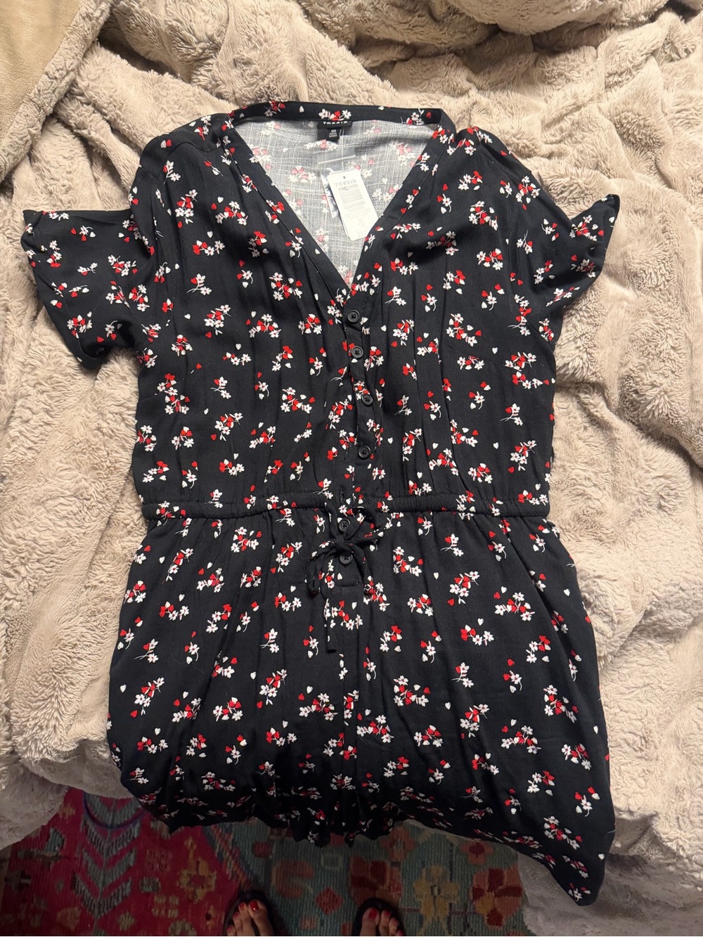 torrid Black Floral Short Sleeve Romper with Red and White Flowers